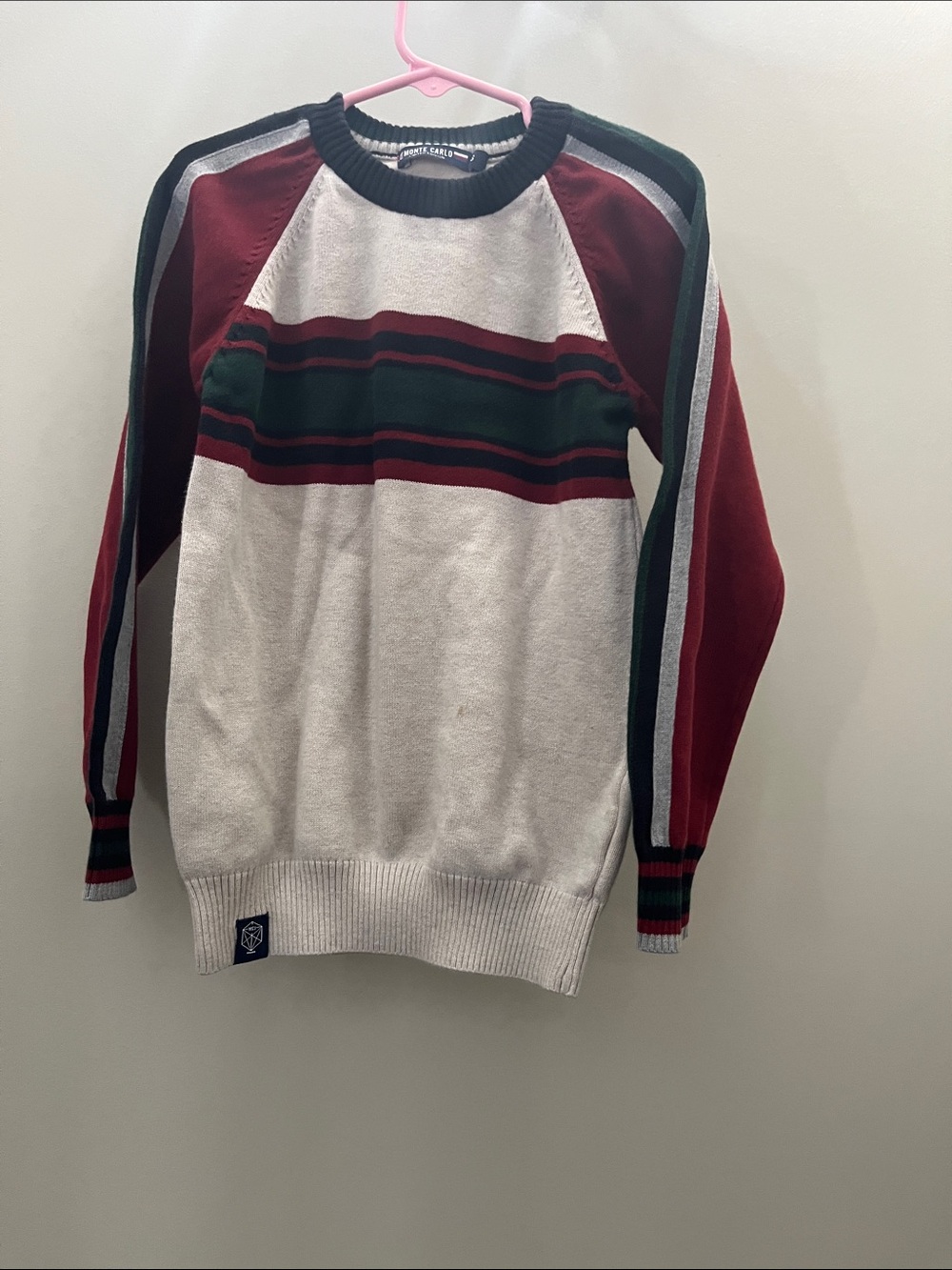 Striped Crewneck Sweater in Cream, Burgundy & Green 5-7Y